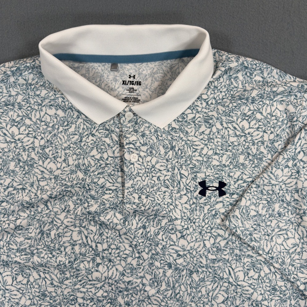 Under Armour Mens XL Blue White Floral Print HeatGear Loose Fit Golf Polo Shirt
